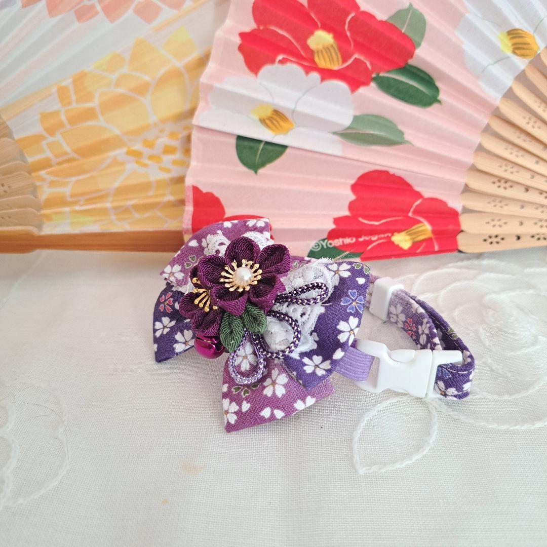 お正月、つまみ細工リボン(紫④)わんちゃん猫ちゃん用首輪