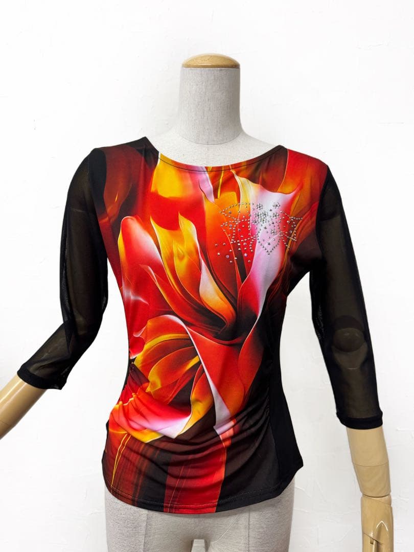 【上級ラインストーン】新品　社交ダンス　黒　赤　プリントカットソーr300