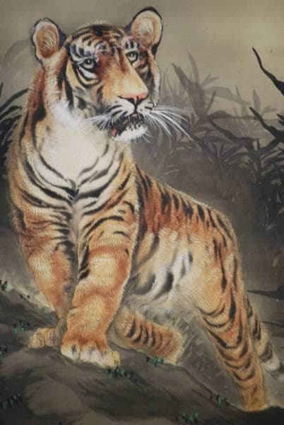 真作/佐々木美山/月下猛虎図/絹表装/布袋屋掛軸HC-475