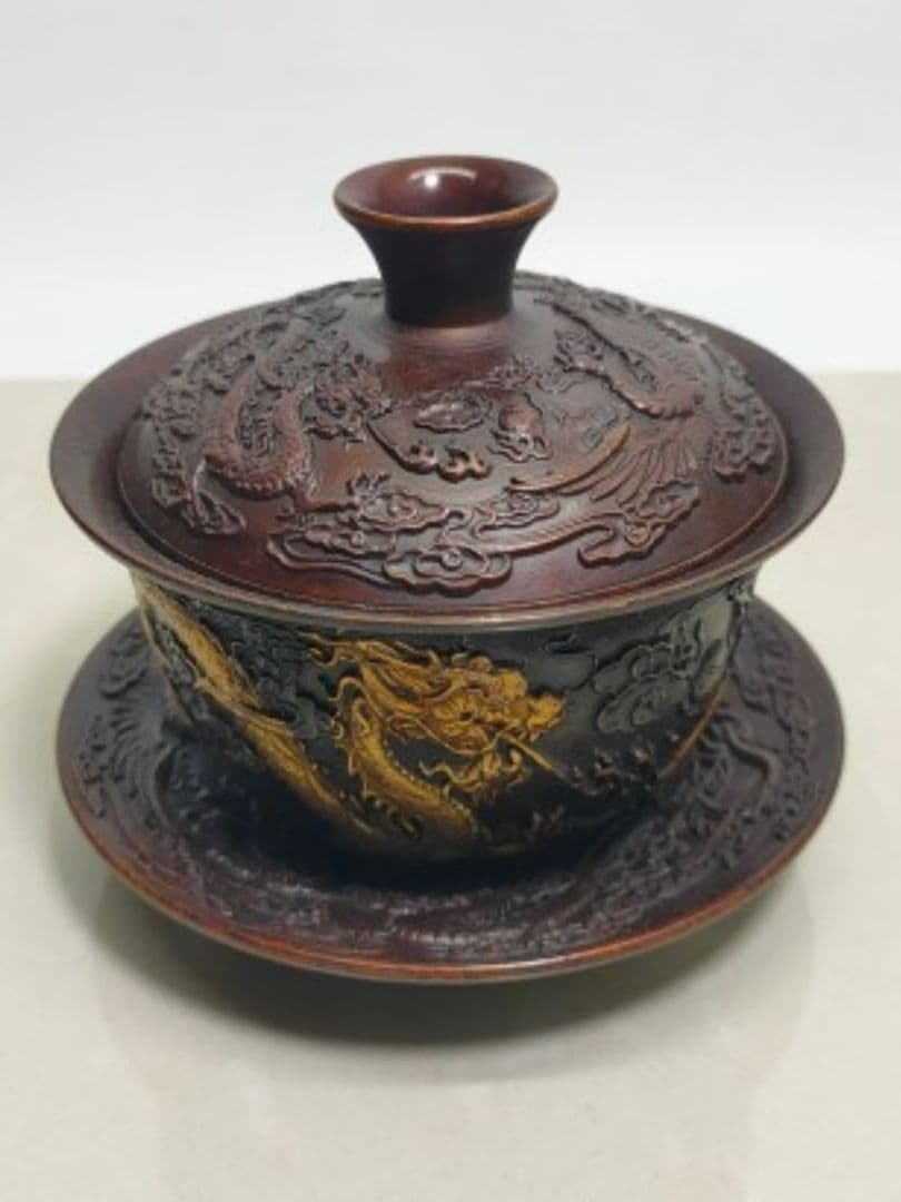 銅器 中国茶器 龍鳳呈祥銅鎏金三才蓋碗 茶碗 カップ 工芸品 置物