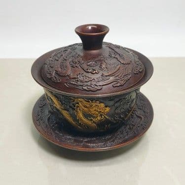 銅器 中国茶器 龍鳳呈祥銅鎏金三才蓋碗 茶碗 カップ 工芸品 置物