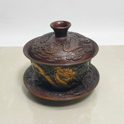 銅器 中国茶器 龍鳳呈祥銅鎏金三才蓋碗 茶碗 カップ 工芸品 置物