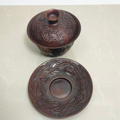 銅器 中国茶器 龍鳳呈祥銅鎏金三才蓋碗 茶碗 カップ 工芸品 置物