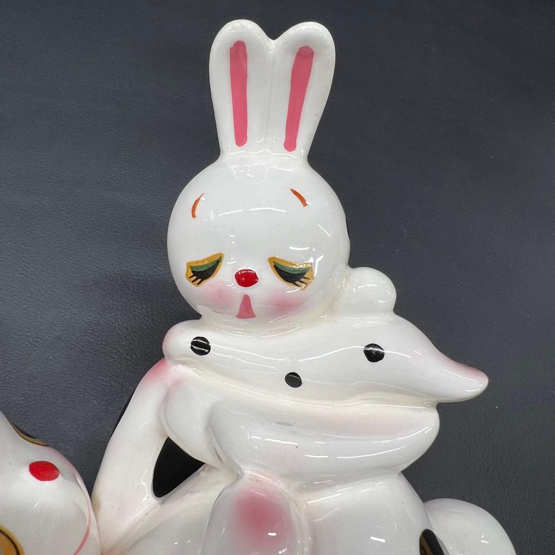 B2【used】内藤ルネ　うさぎの親子　陶器　置き物　昭和レトロ　貯金箱