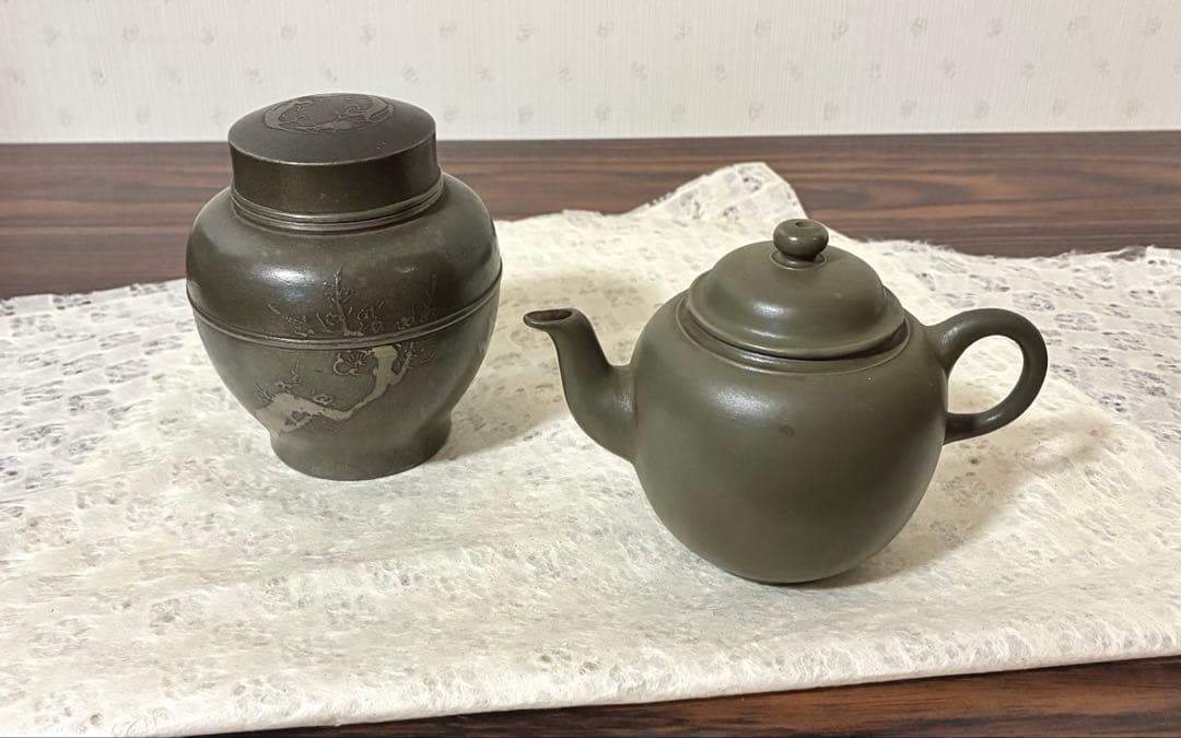 錫製茶入と陶器製急須セット ダークグリーン 茶道具 茶器 骨董品