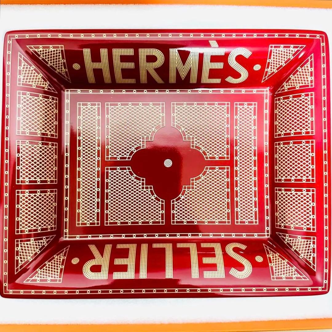 HERMES Sellierセリエ 赤 トレイ 小物入れ 灰皿 陶器 箱　即決◎