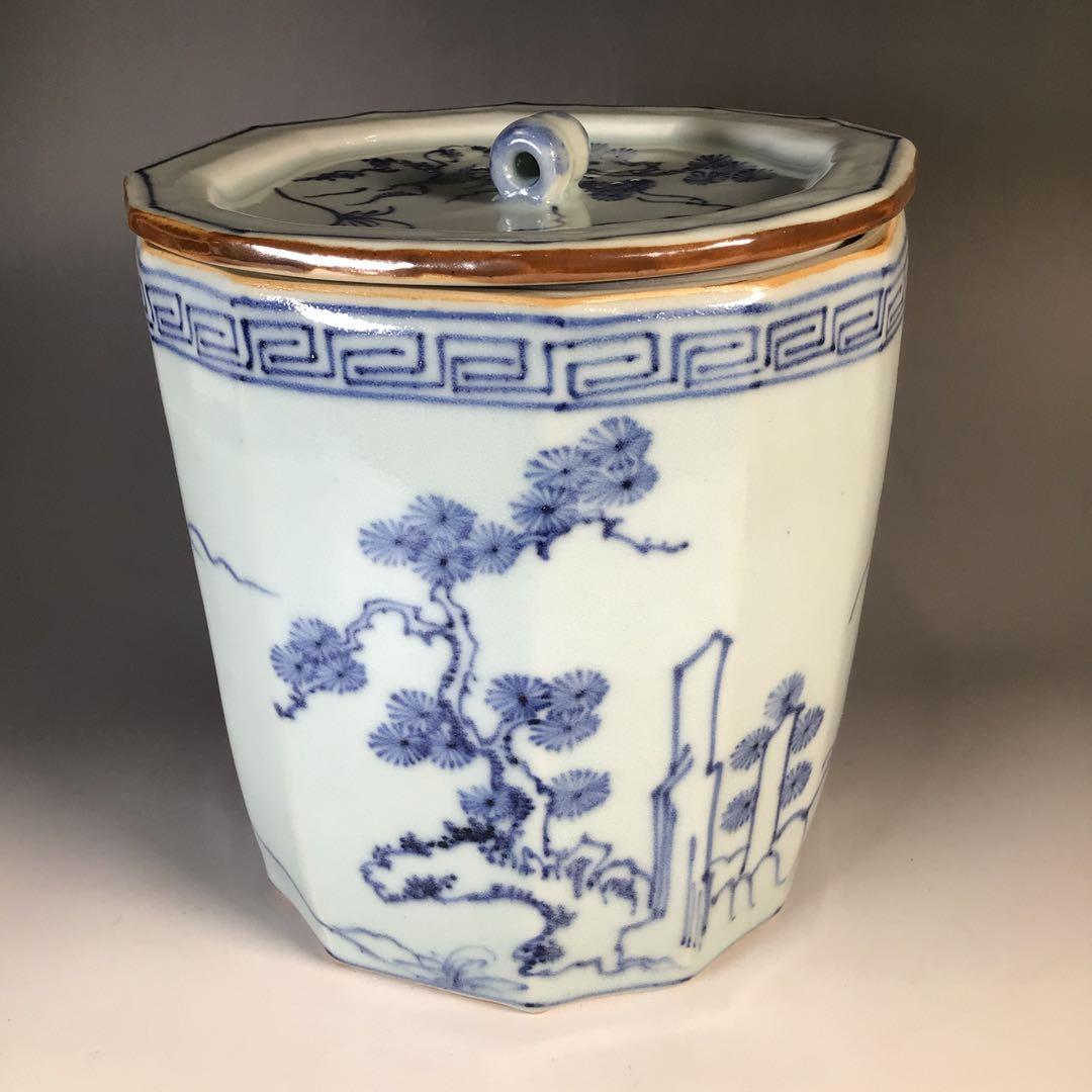 Ｍ７７７　水指　『凌山造』『染付山水人物文』『呉須十二角水指』　共箱　茶道具