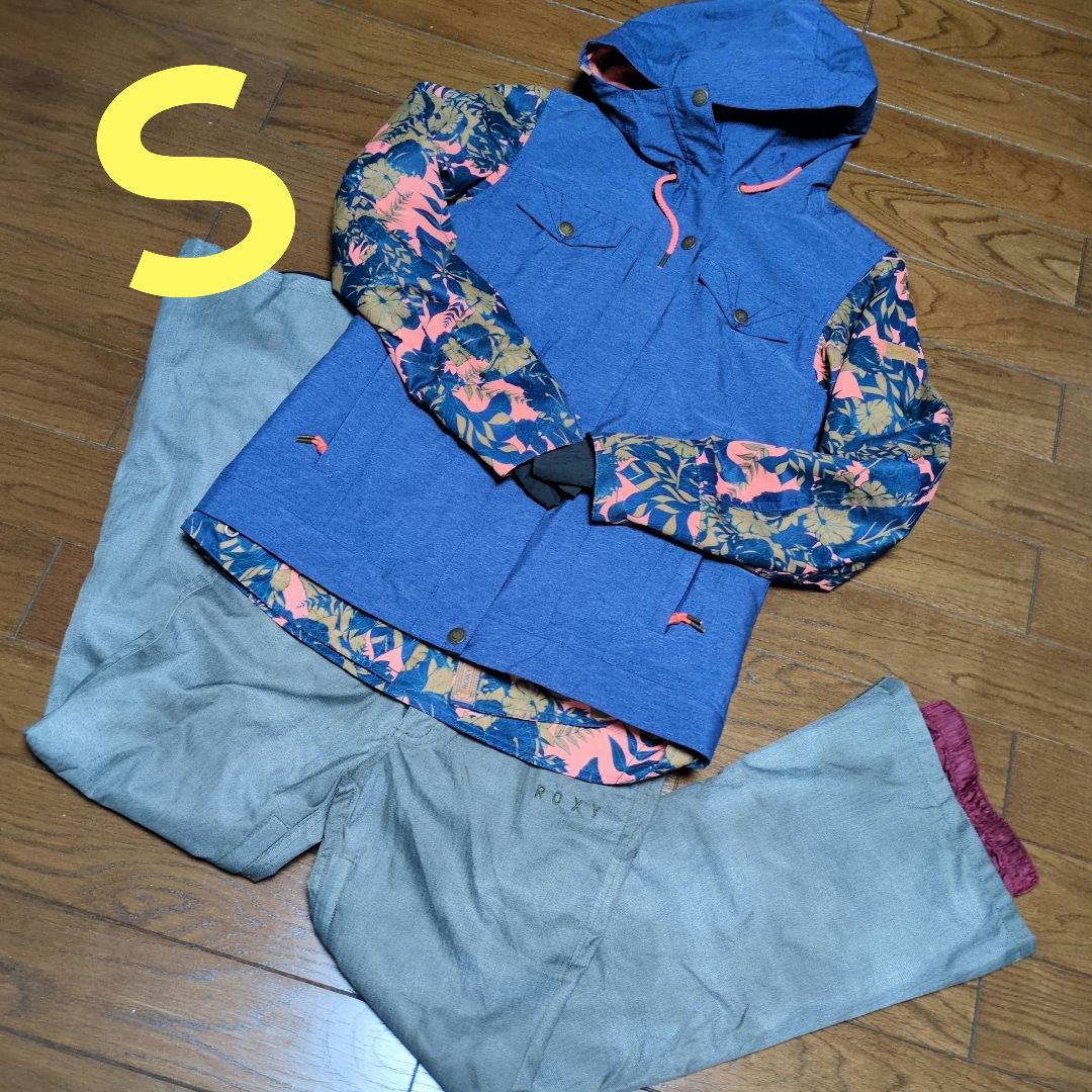 【美品】ROXY　スノボウェア　上下セット　デニム風　　カーキ　Ｓ　ボタニカル