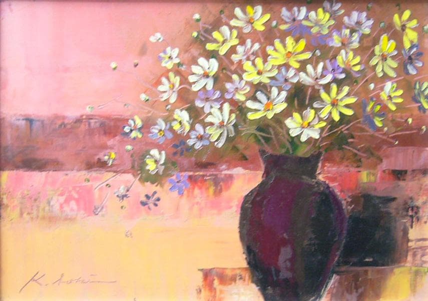 絵画 肉筆油絵 青木今陽 静物画 紫色の花と黄色い花々