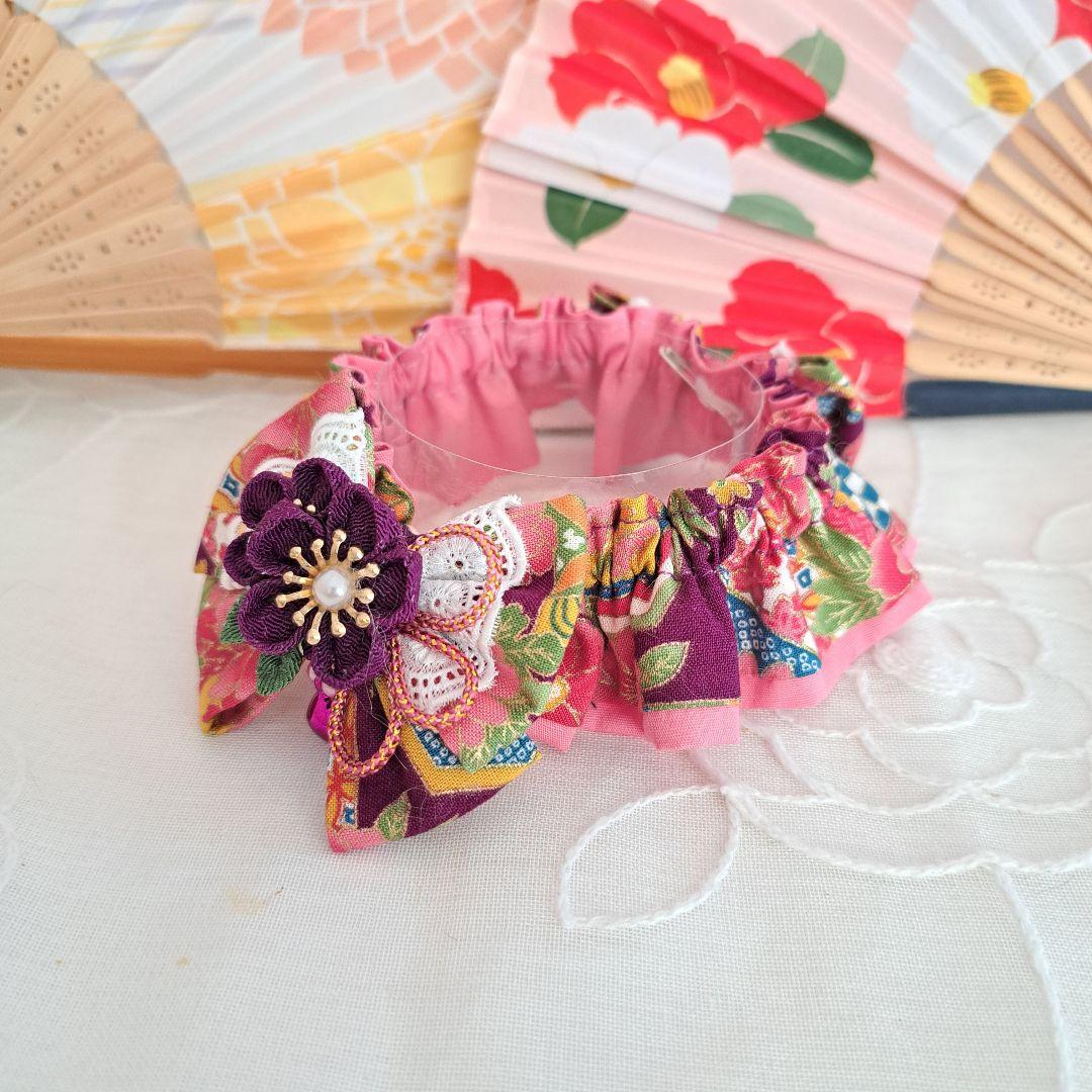 短毛シュシュ和風つまみ細工(紫)わんちゃん猫ちゃん用