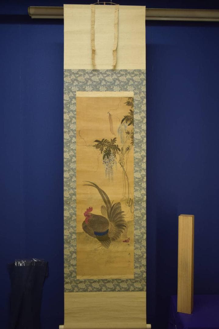 真作/秀文/藤/双鶏図/布袋屋掛軸HI-868
