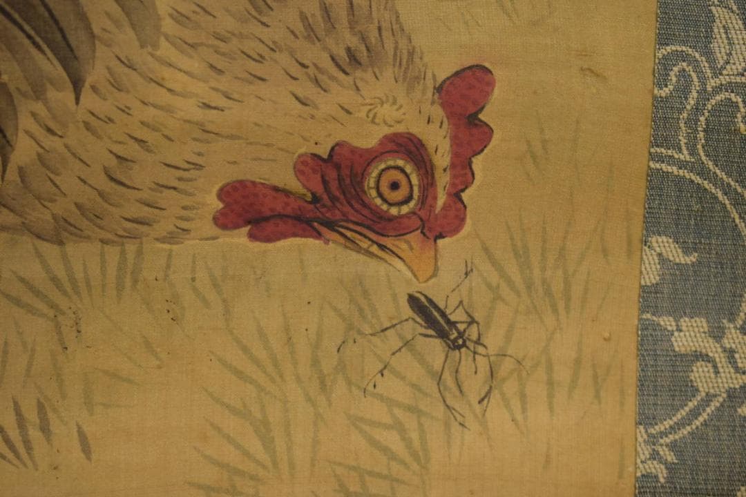 真作/秀文/藤/双鶏図/布袋屋掛軸HI-868