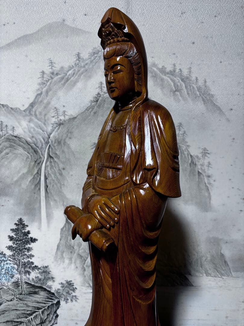 大型 観音菩薩 木彫　仏像 彫刻　開運　風水　置物　縁起物　インテリア