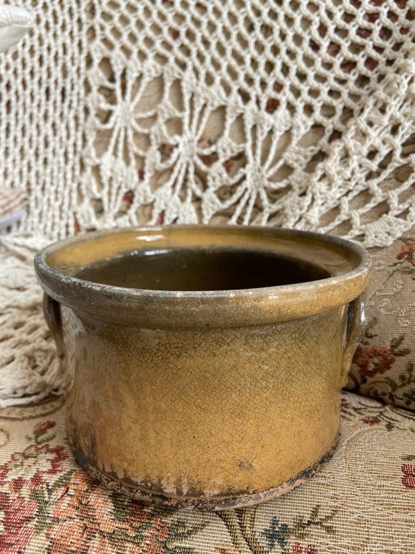 最終値下げ！ヒビありフランスアンティーク釉薬テリーヌポット☆金継ぎ南仏グラタン皿