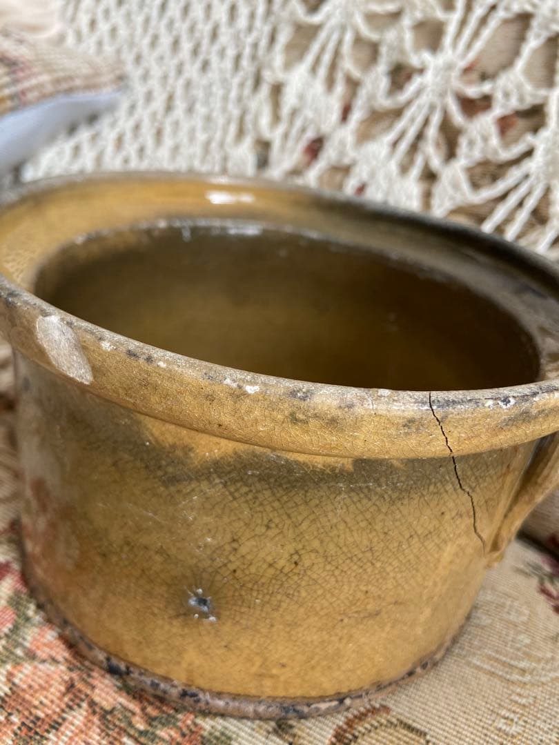 最終値下げ！ヒビありフランスアンティーク釉薬テリーヌポット☆金継ぎ南仏グラタン皿