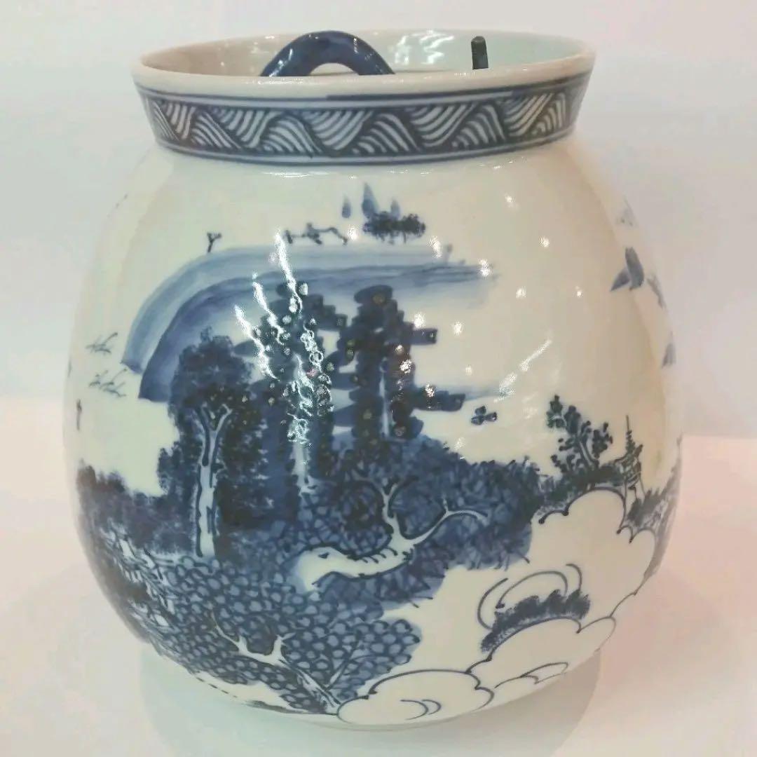 【茶道具】膳所焼 岩崎新定作 染付 近江八景絵 芋頭水指