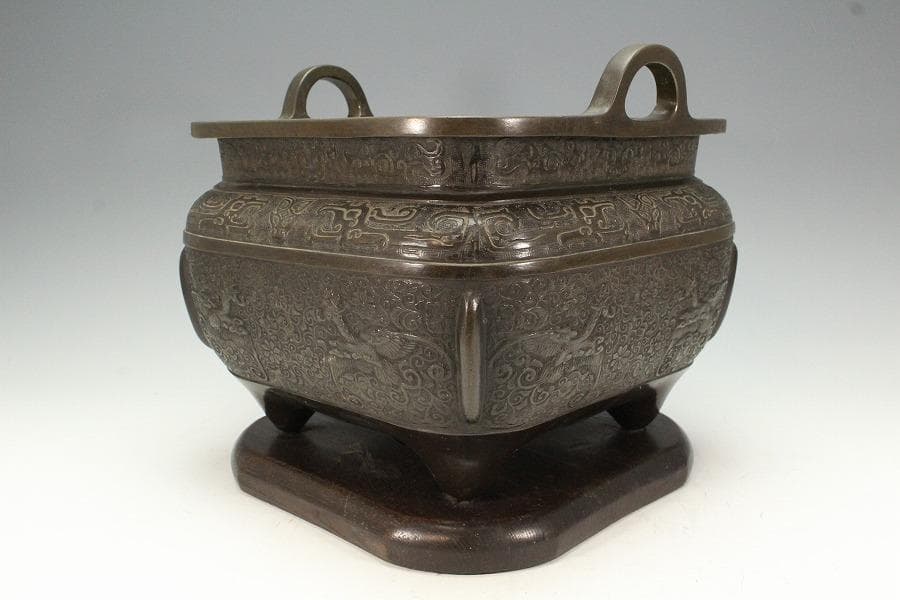 古銅 饕餮紋 双耳 四方 瓶掛(K-LC697)