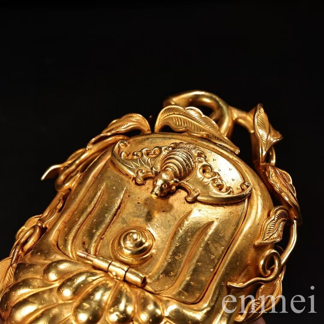 中国古美術・旧蔵鎏金の福瓜型文房筆洗水洗・純手作り・純銅製・置物・箱付き・案頭