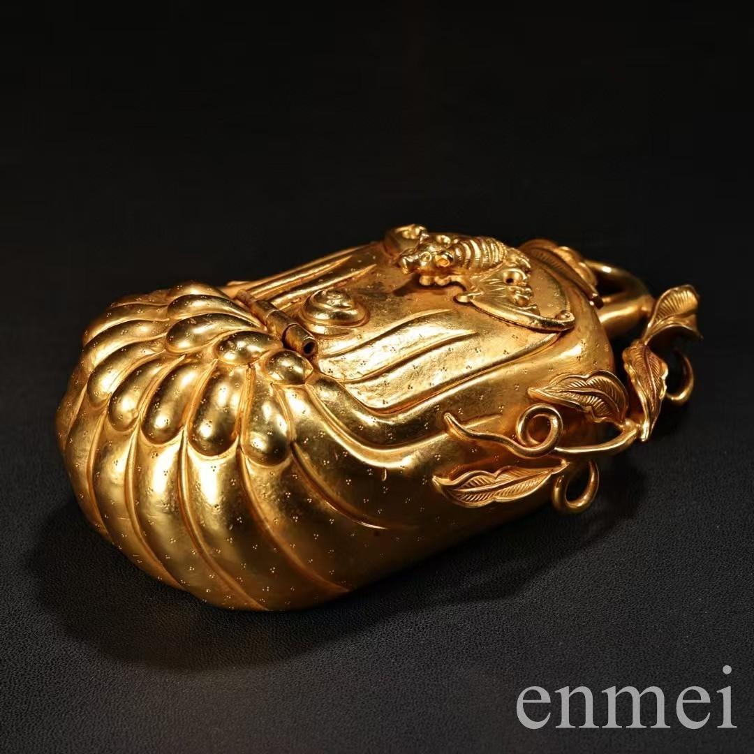 中国古美術・旧蔵鎏金の福瓜型文房筆洗水洗・純手作り・純銅製・置物・箱付き・案頭