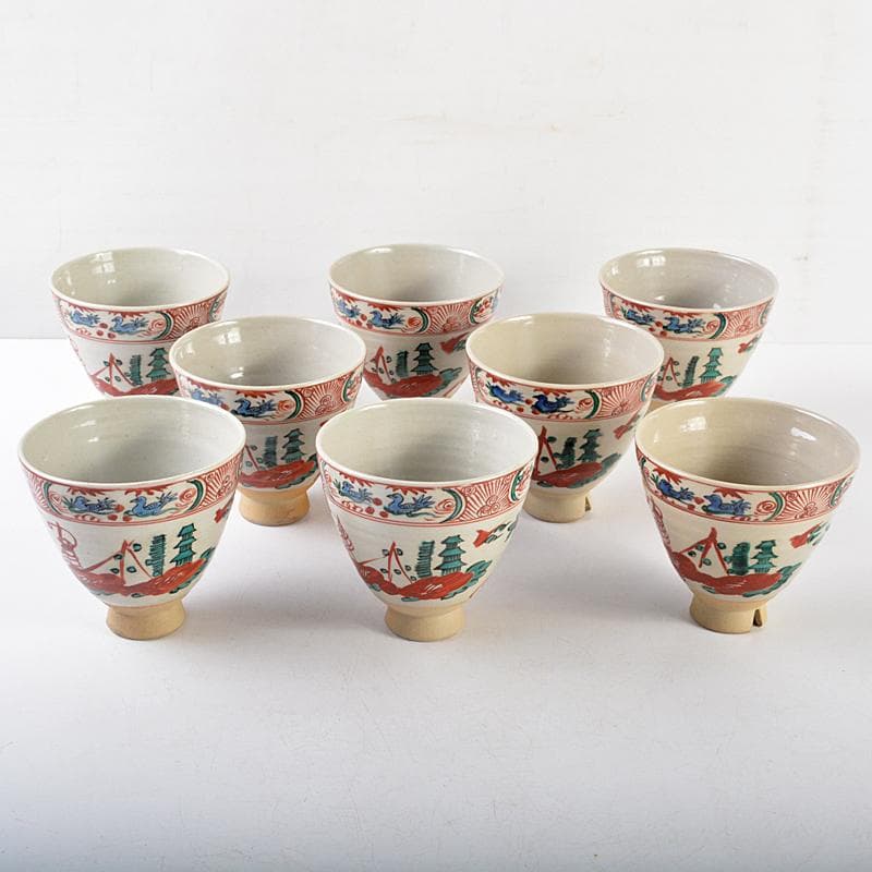 九谷焼　初代　徳田八十吉造　古赤絵　向附　八客　共箱　F　R6573