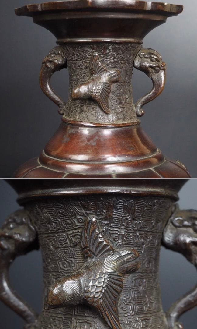 送料無料　明治時代　盛上げ花鳥紋彫金花瓶　秀逸作　★希少★高30ｃｍ