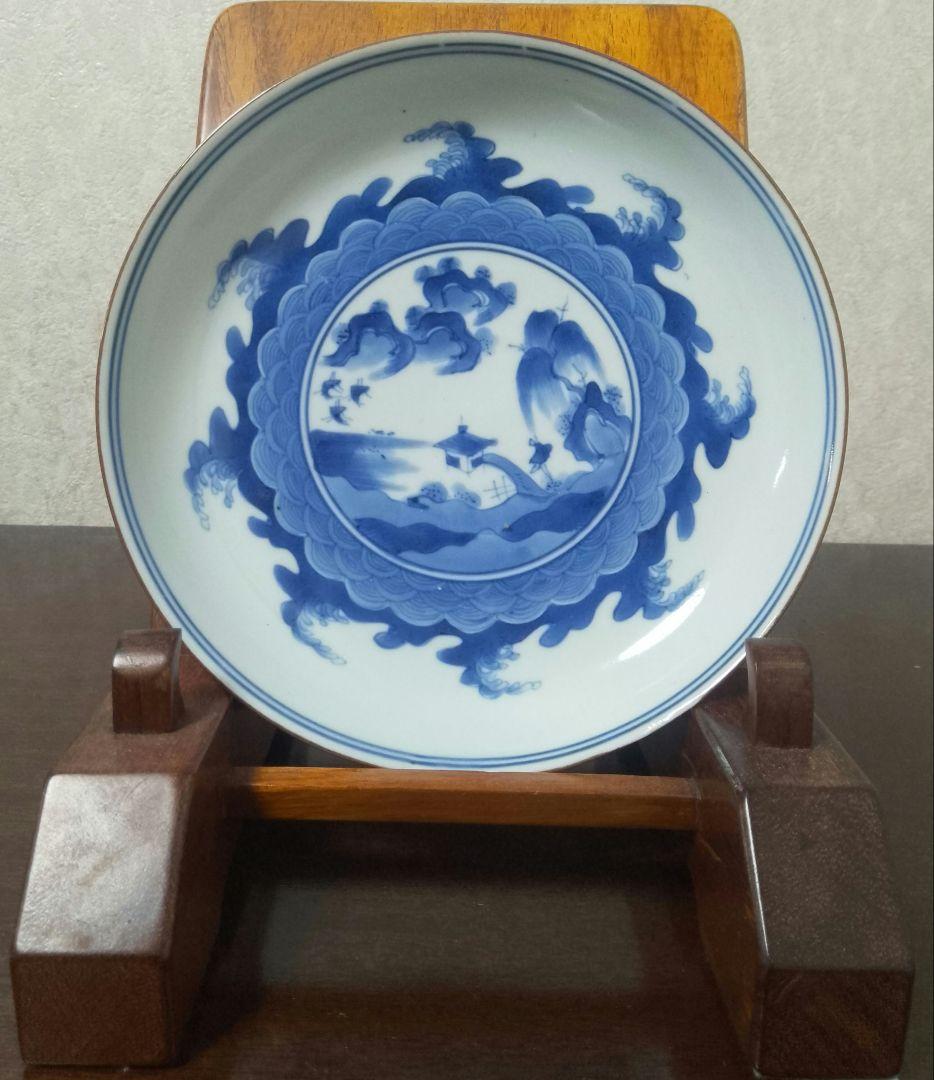 藍柿 古伊万里 染付 青海波山水文皿 江戸中期 角福銘