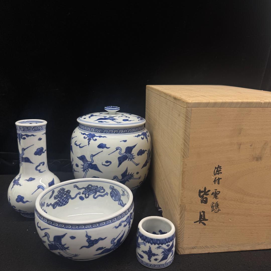 美品希少！真葛焼　真葛香斎造 祥瑞雲鶴図　染付皆具 茶道具 共箱
