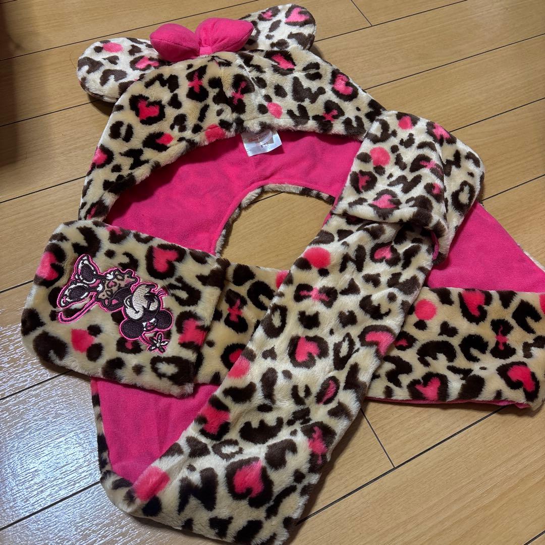 ディズニー廃盤ミニー ヒョウ柄 ファンキャップ マフラーレオパード 耳付き 美品