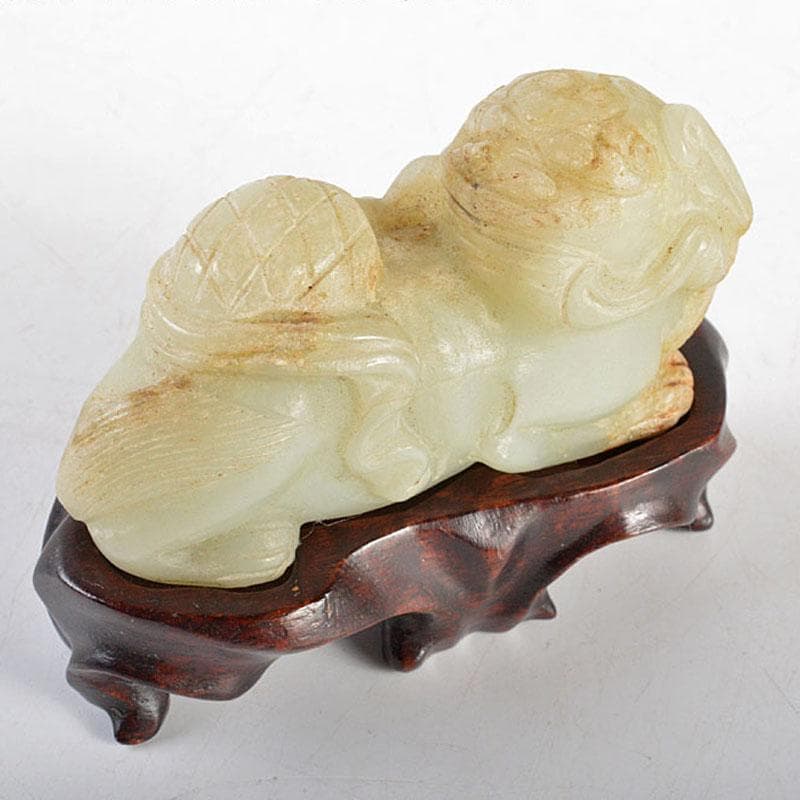 中国　玉石彫刻　神獣　紙鎮　置物　唐木台付　C　R5462
