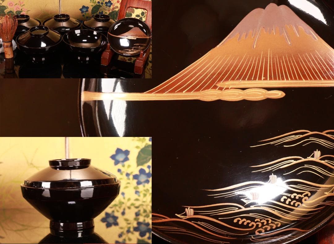 BJ021　時代輪島　雲上富士図金蒔絵　吸物椀　五客　木製　茶道具　懐石　菓子