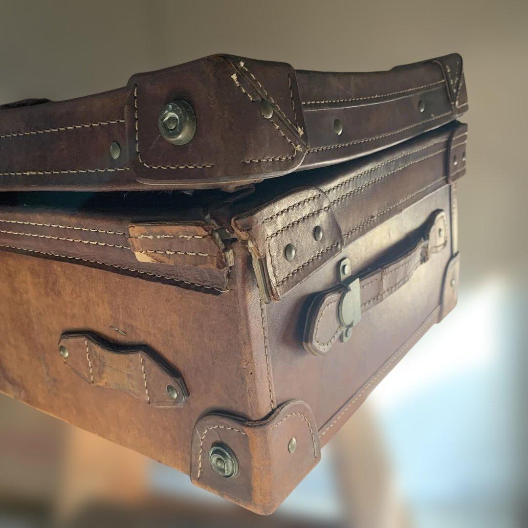 アンティークレザー本革トランク重厚収納ケースヴィンテージオブジェ昭和レトロ