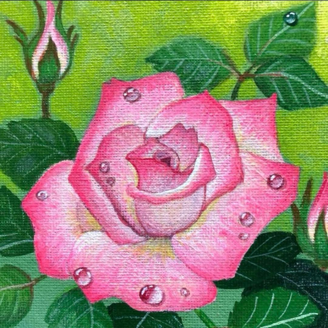 ご依頼品2点　花の絵、風景画「ダリアの咲く朝の庭」「雨上がりのバラ」