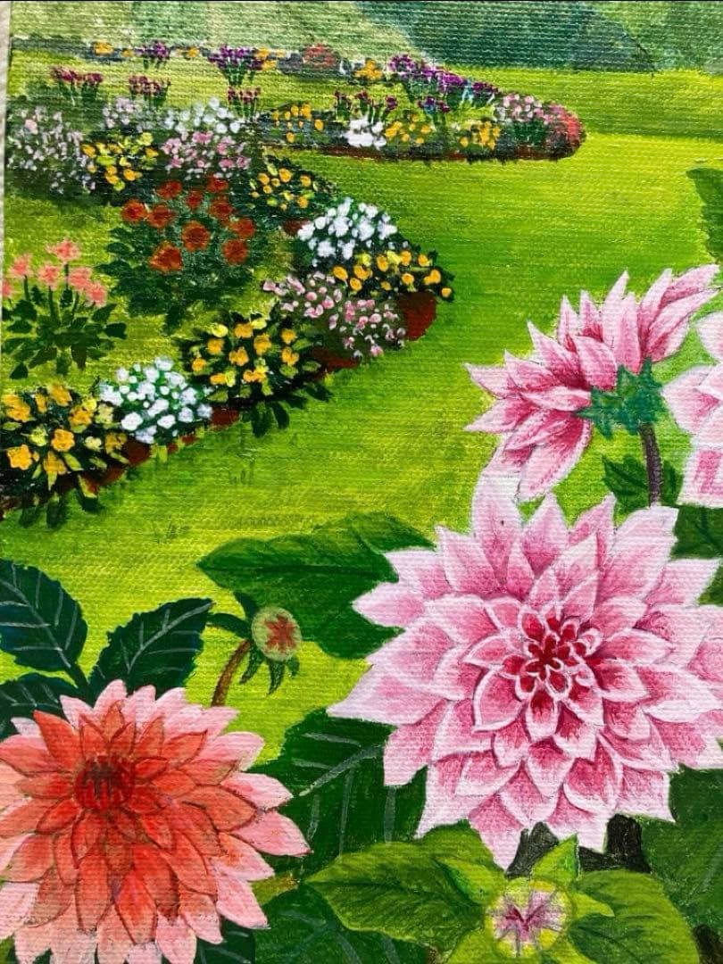 ご依頼品2点　花の絵、風景画「ダリアの咲く朝の庭」「雨上がりのバラ」