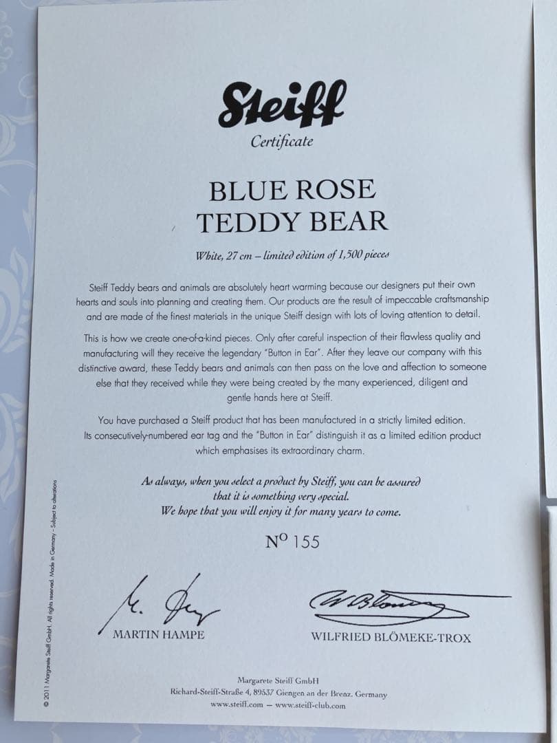 【再値下げ】Steiff ブルーローズテディベア 2011年1500体限定