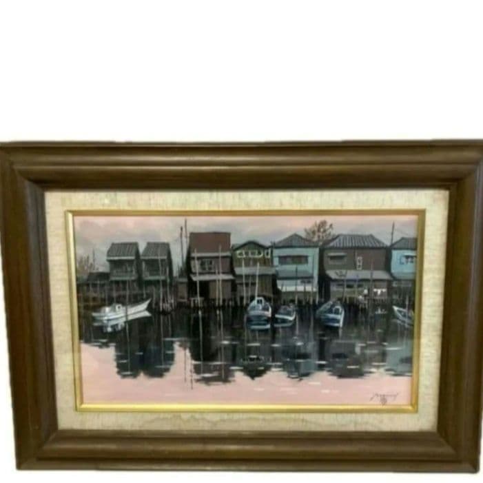 油絵 舟のある風景 港の風景 油彩画 額縁付