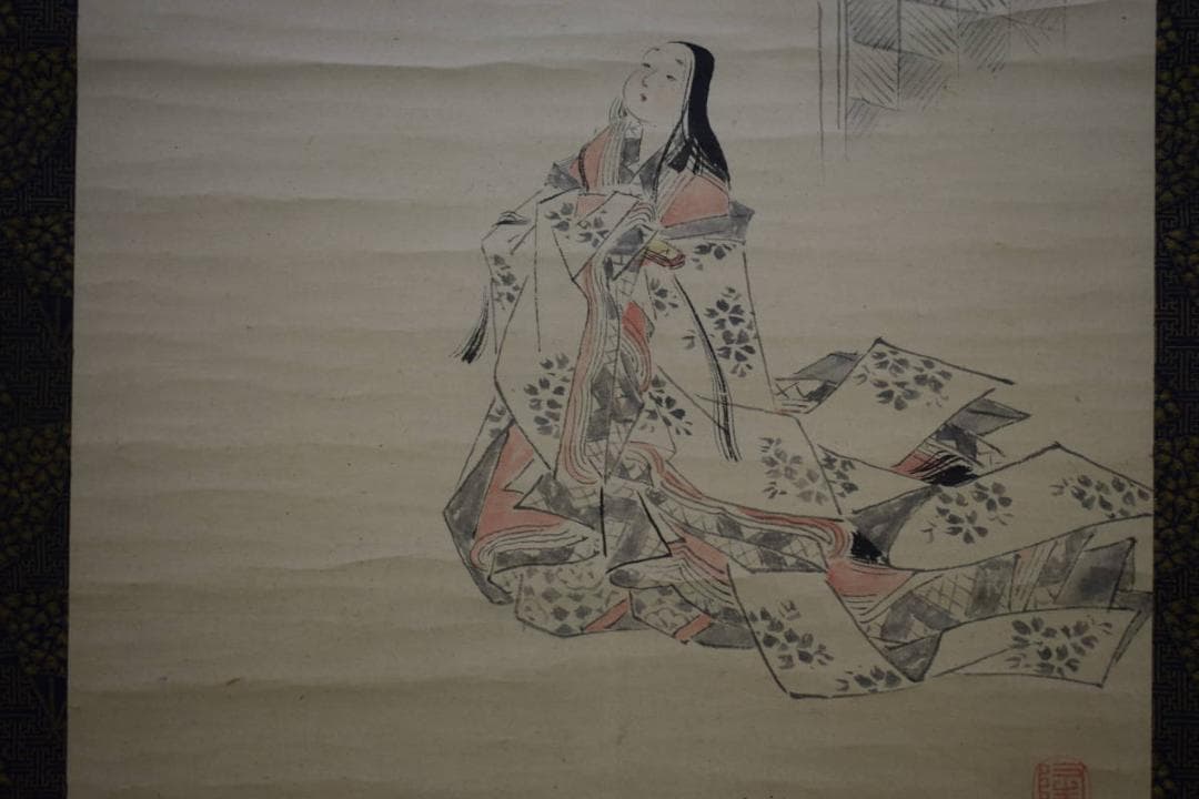 真作/高久隆古/桜下美人画/絹表装/布袋屋掛軸HH-659