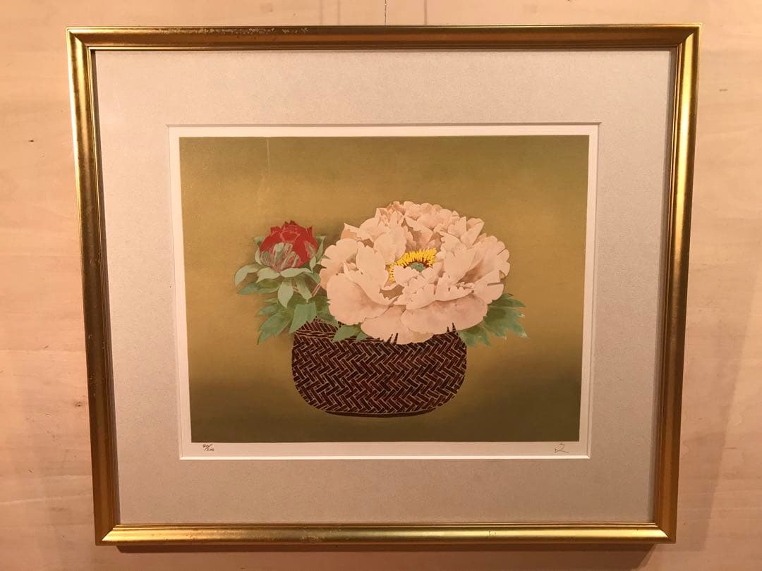 堀文子　「牡丹」　リトグラフ　直筆サイン・エディション・作品証明シール有り