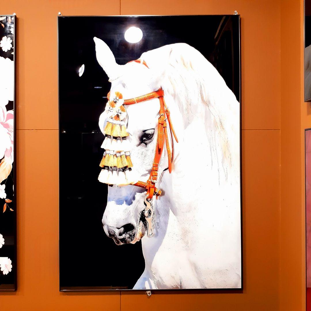 輸入雑貨　絵画　強化ガラス　硝子アート　『白馬』　特大ガラスアート　200cm越
