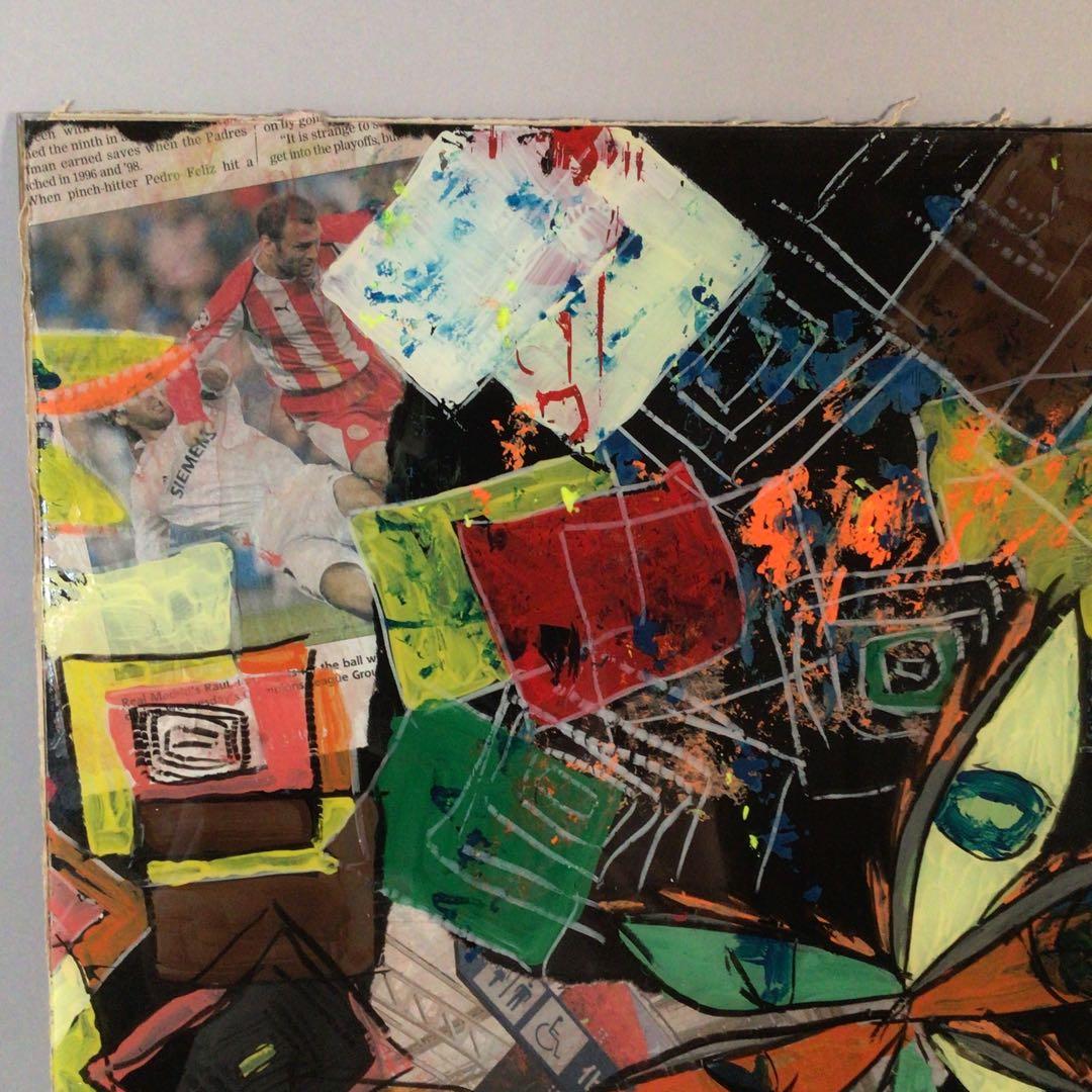 No3716 ガラス絵　荒木敬　「楽描 Ⅱ」紙箱付　コラージュ　抽象画　送料無料