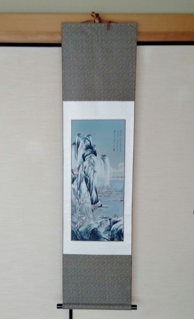 中国骨董水墨画名作【故宮博物院国宝唐寅山水名作刺繍複製、最高級錦緞真絲掛軸】新品