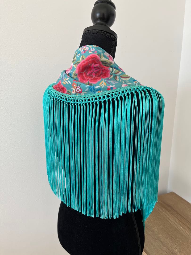 フラメンコ　マントンシージョ ブルーグリーンxマントン風花柄　ブルグリフレコ