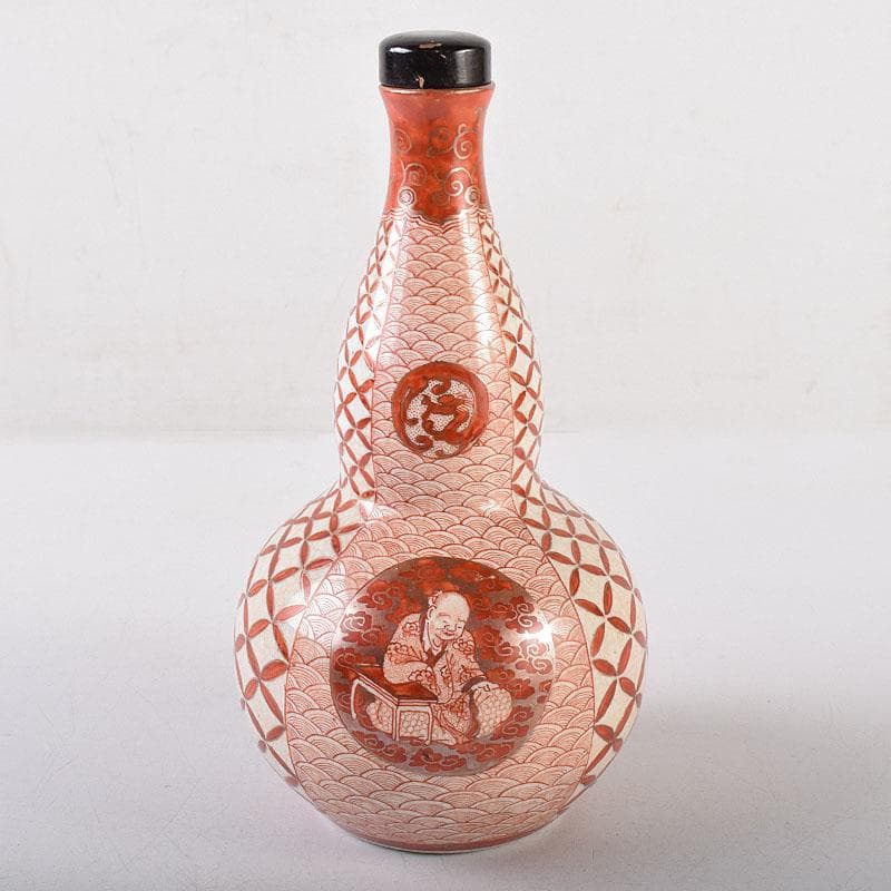 九谷焼　赤絵　人物文　葫蘆瓶　徳利　時代箱付　M　R8640