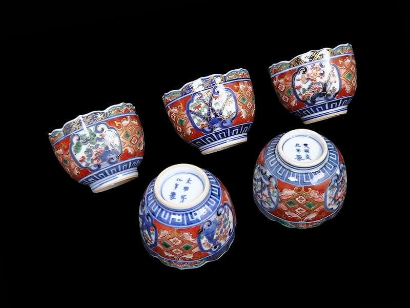 大聖寺伊万里　金襴手　窓絵　松竹梅の図　猪口　５客　E047AS-DCf