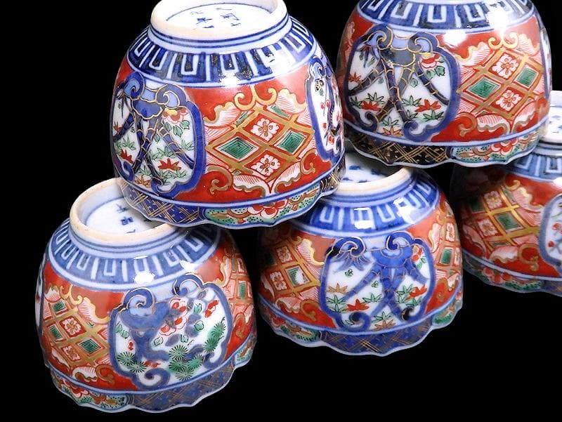 大聖寺伊万里　金襴手　窓絵　松竹梅の図　猪口　５客　E047AS-DCf