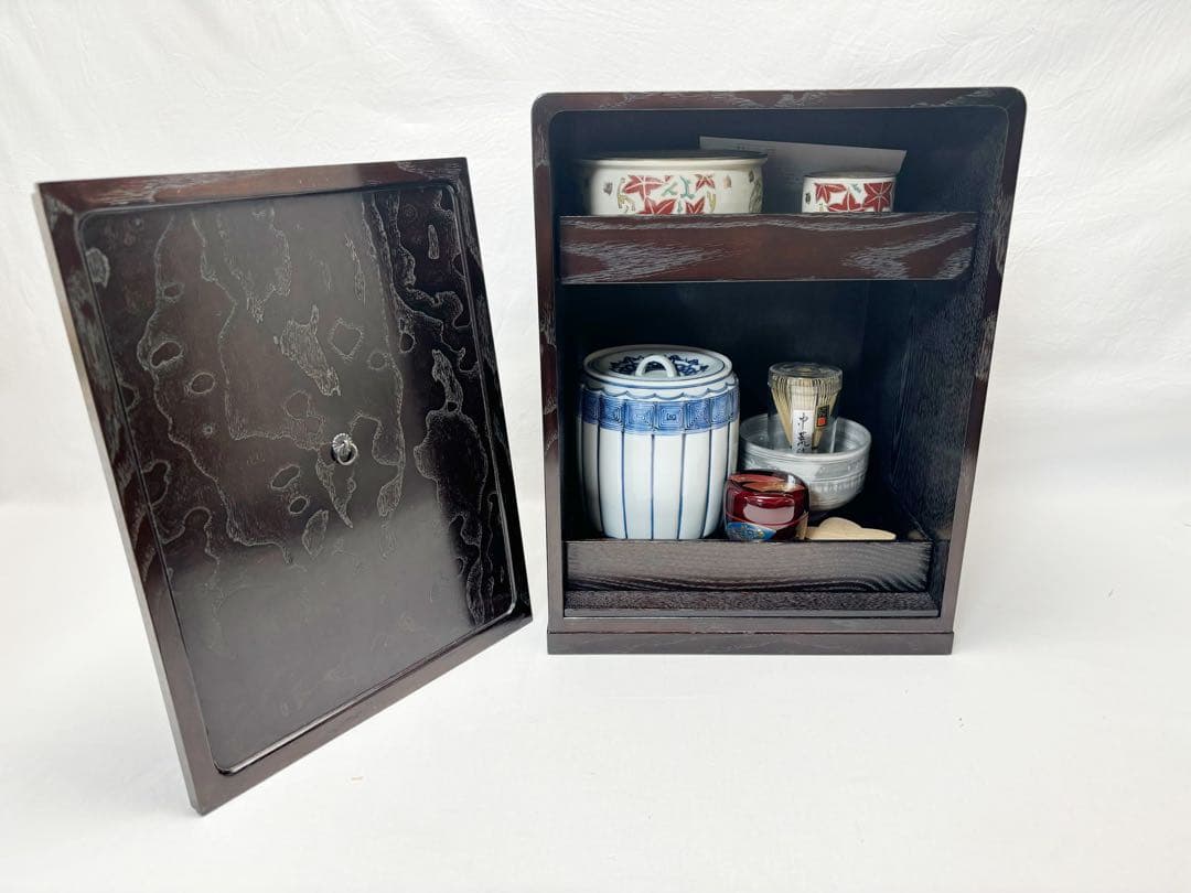 未使用 茶道具 木製器局 十二点セット 茶道具一式 盆2枚付 旅箪笥 茶箱