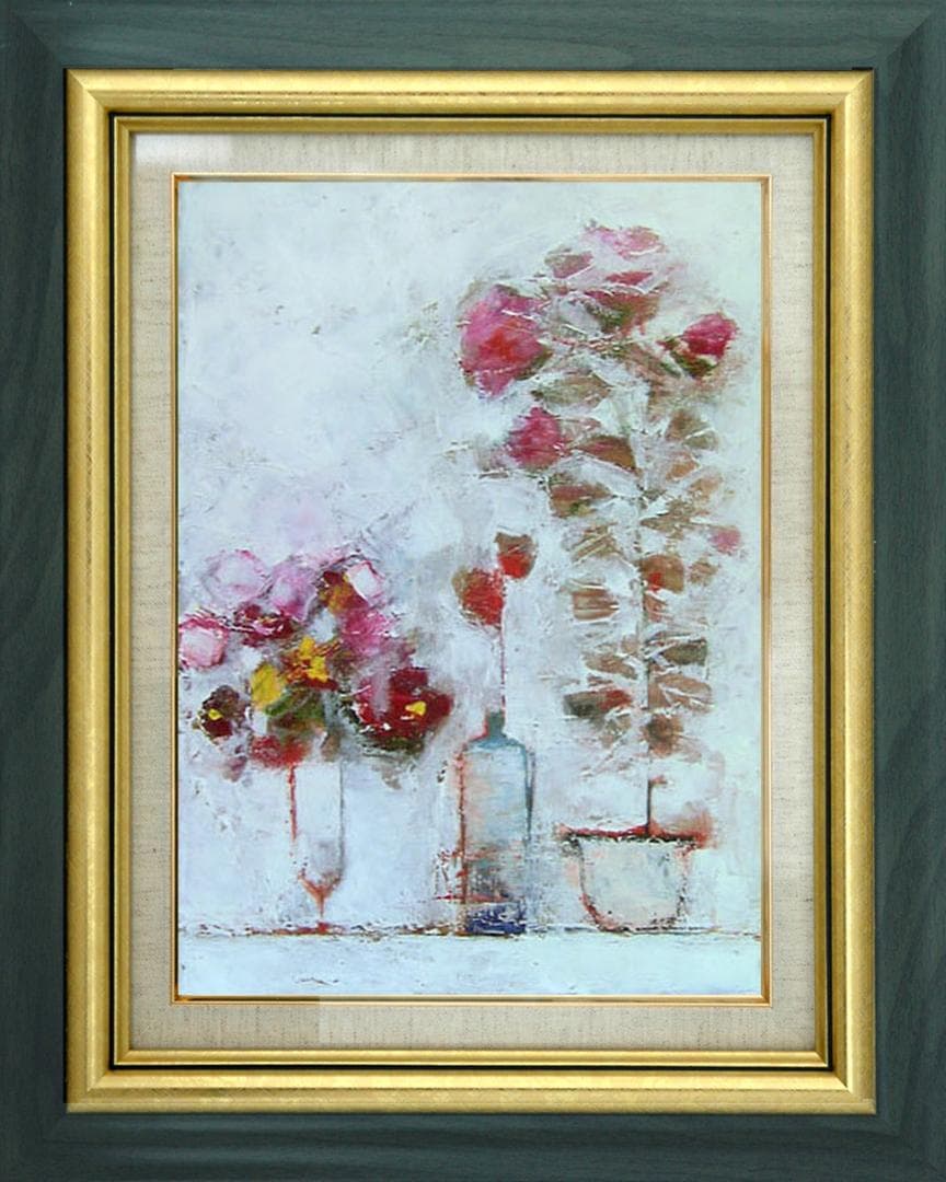 油絵菅家令子 絵 絵画インテリア 額付(青緑＋金色の枠)uF6-071102 花