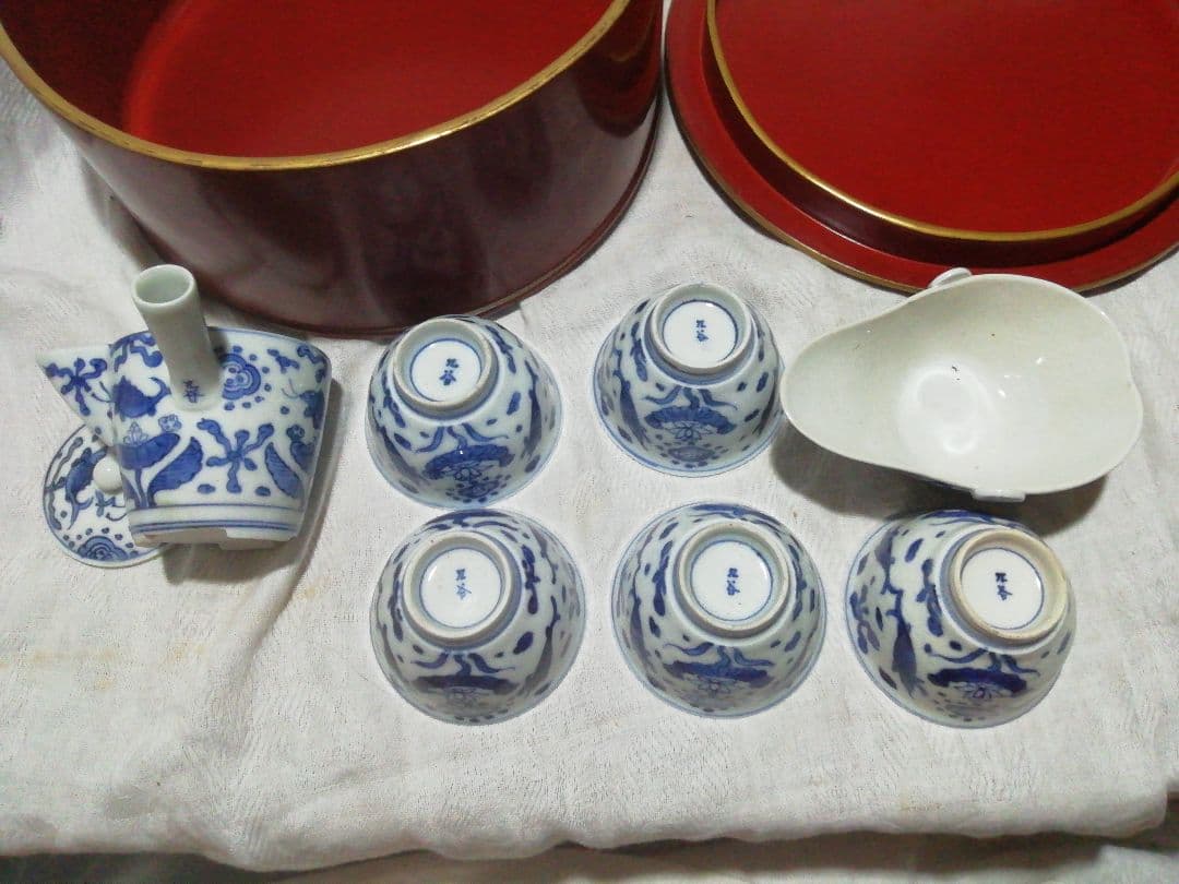 ♪時代九谷染付 煎茶揃い　朱漆茶櫃共