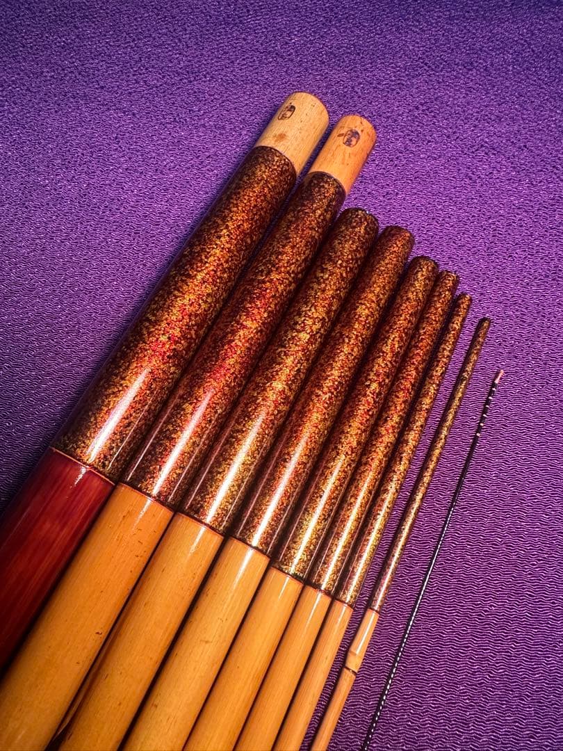 竿良作 丸囲い焼印 金梨地塗口巻 14尺7寸9本継 山女竿 江戸和竿 修復品