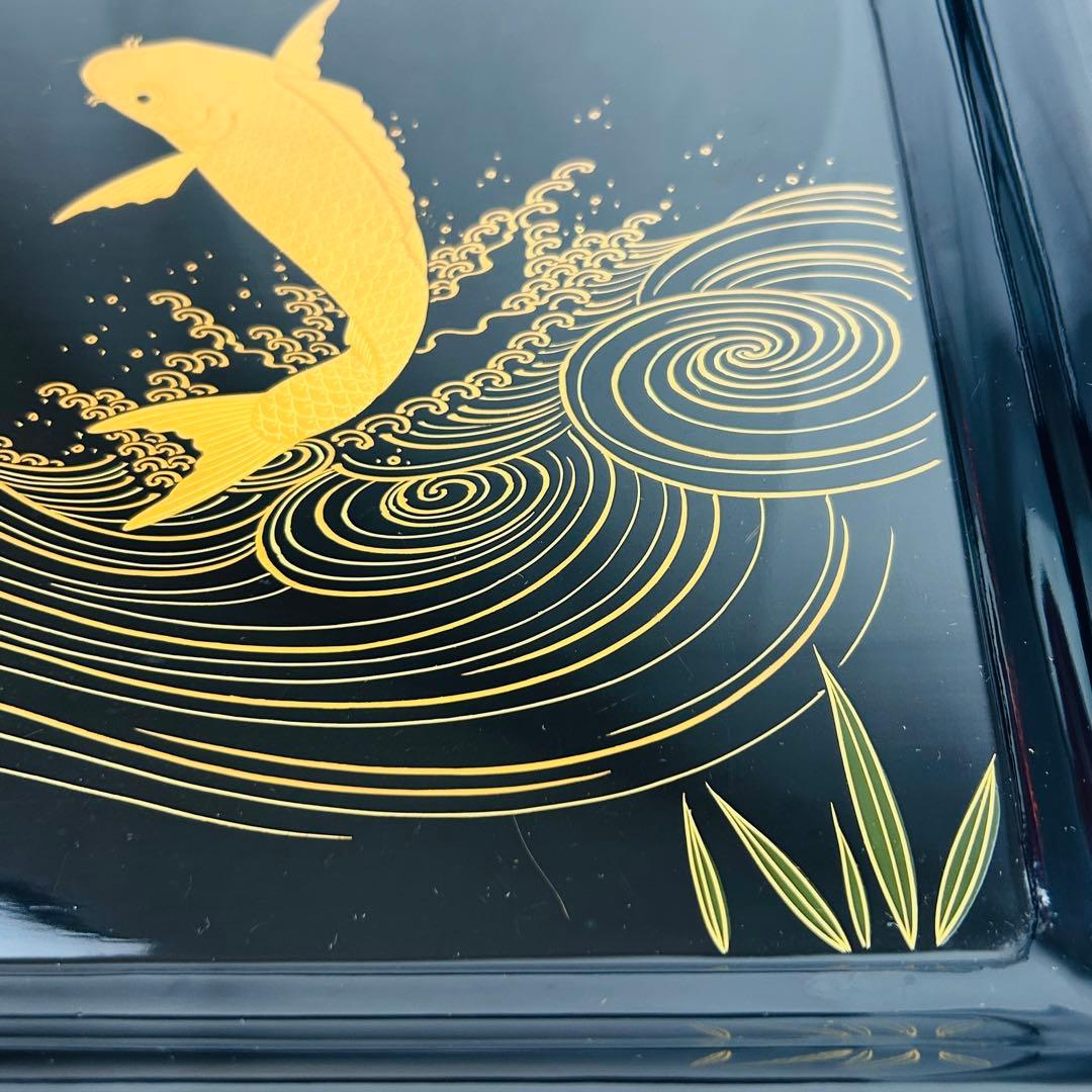 輪島塗 脚付き御膳 10枚揃 鯉蒔絵 黒塗 木箱付　古漆器