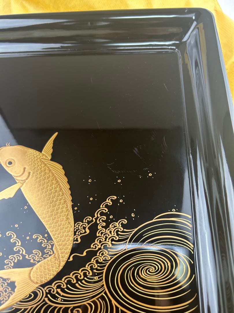 輪島塗 脚付き御膳 10枚揃 鯉蒔絵 黒塗 木箱付　古漆器